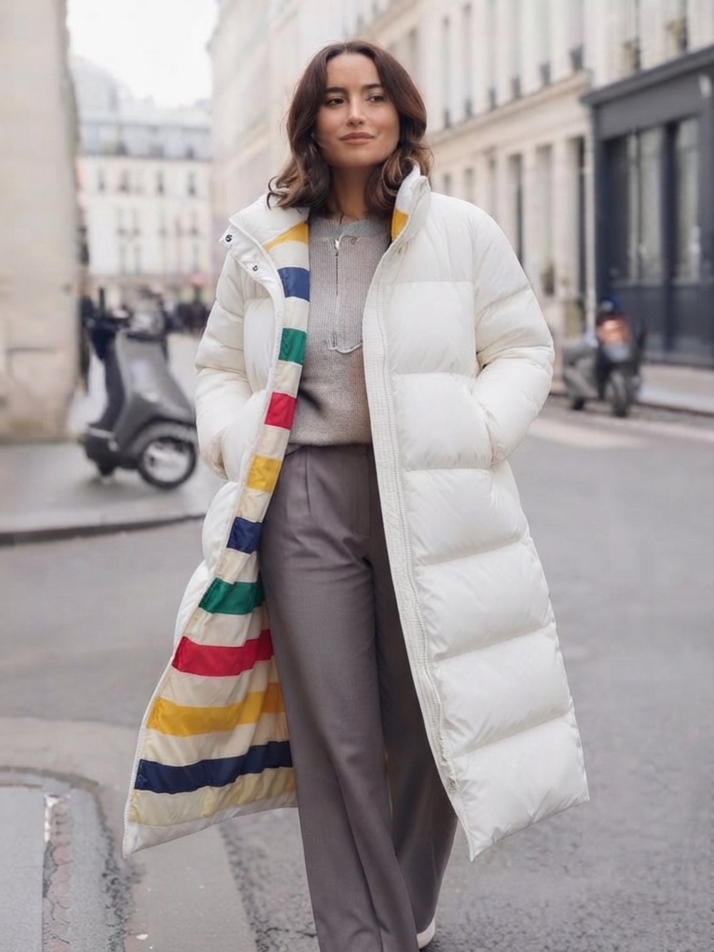 Hudson’s Bay White Quilted Puffer Coat with Iconic Colorful Stripe Lining Size M